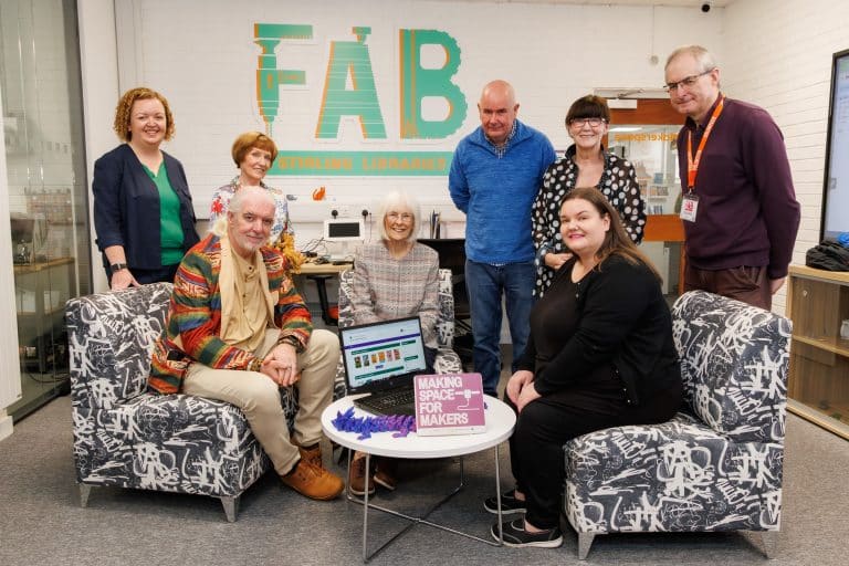 Picture shows library users, library staff and Cllrs Gerry McGarvey (front left) and Margaret Brisley (front centre) at the Makerspace in Bannockburn Library to remind people to take part in the consultation on the future of Stirling Council’s libraries. Picture credit: Stirling Council/Mark Ferguson.
